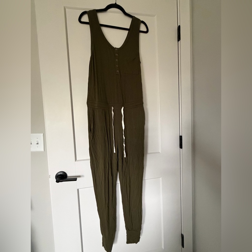 Olivaceous Khaki Sleeveless Jumpsuit Drawstring Waist